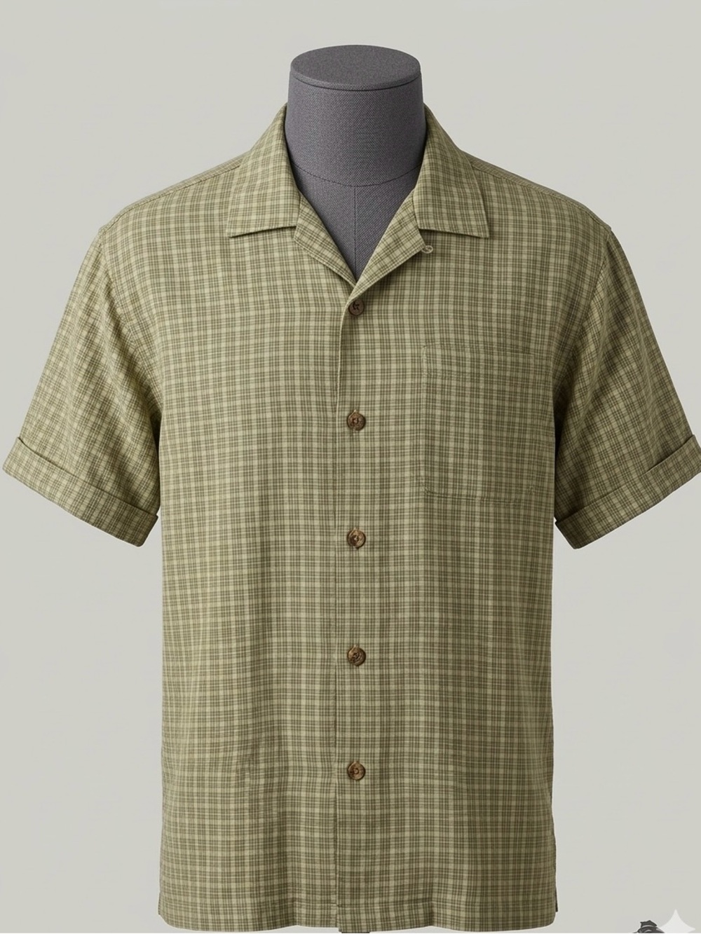 Tommy Bahama Men’s XL 100% Silk Plaid Grid Camp Shirt Sage Green Brown
